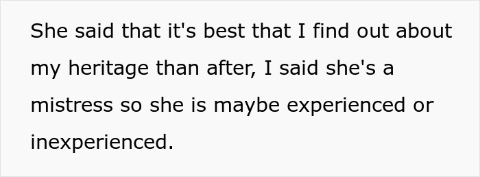 Text excerpt discussing a mistress and accusations involving cheating in a family dispute context.