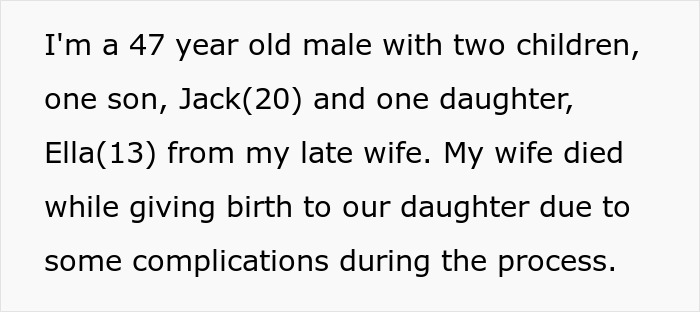 Text from a 47-year-old man explaining his late wife died giving birth to their daughter due to complications.