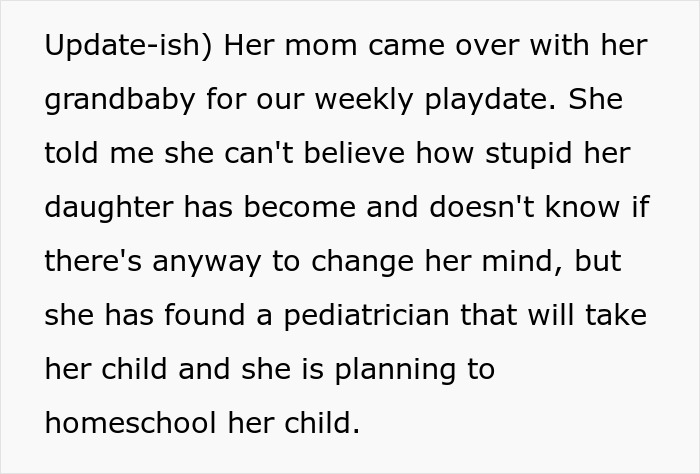 Text excerpt about a woman refusing to allow her child around an unvaccinated kid, causing a fallout.