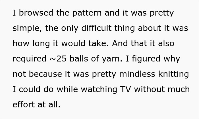 Text about knitting pattern details, yarn quantity required, and ease of knitting while watching TV, related to hobby conflict.