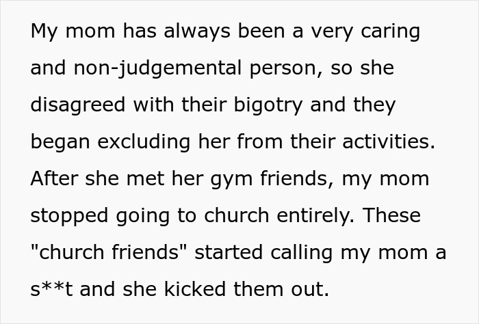 Text excerpt discussing a caring mother rejected by church friends after meeting gym friends and facing bigotry.