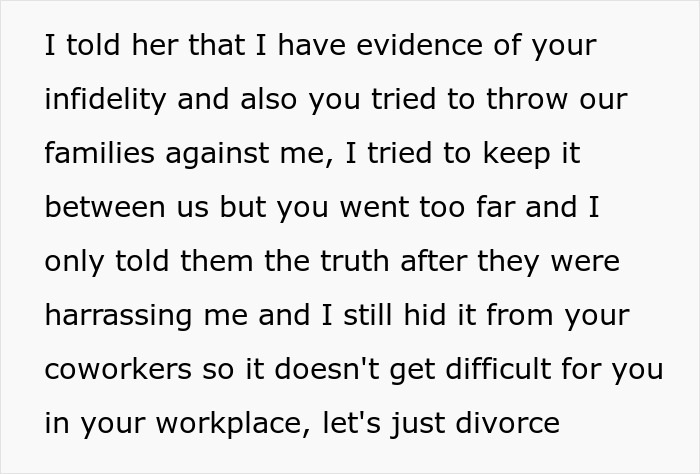 Text excerpt discussing infidelity evidence and family conflict leading to a divorce over a lady kissing another man.