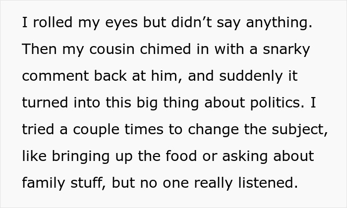 Text excerpt showing family conflict over politics during Thanksgiving dinner with conservative uncle.