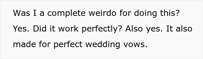 Text image showing a woman admitting she staged her apartment to impress a guy, leading to perfect wedding vows.