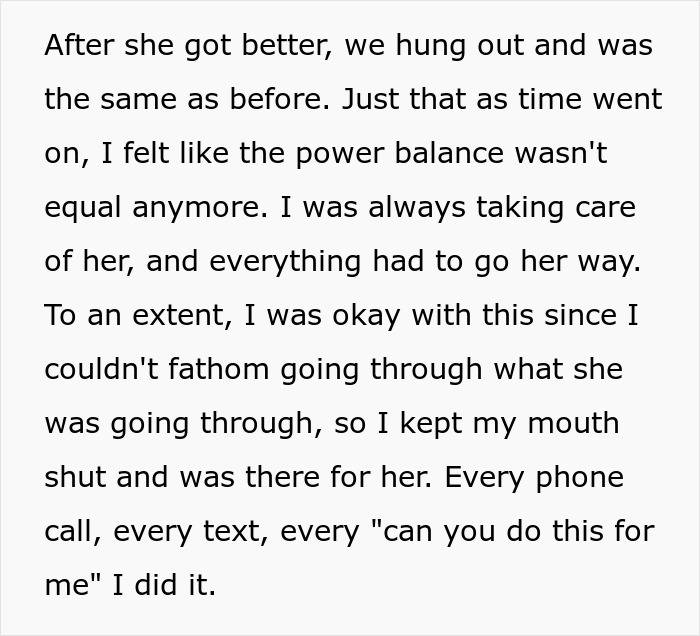 Text excerpt about power imbalance and care in a disabled teen's friendship leading to eventual abandonment.