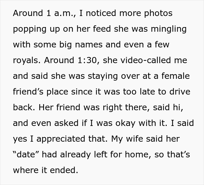 Text excerpt describing a woman going to a gala with a client as her date, leaving her husband questioning everything.