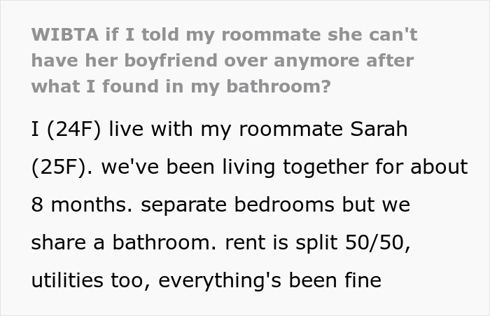 Text screenshot of a woman explaining her horror after seeing roommate’s boyfriend using her fancy products, deciding to ban him. Text screenshot of a woman explaining her horror after seeing roommate’s boyfriend using her fancy products, deciding to ban him.