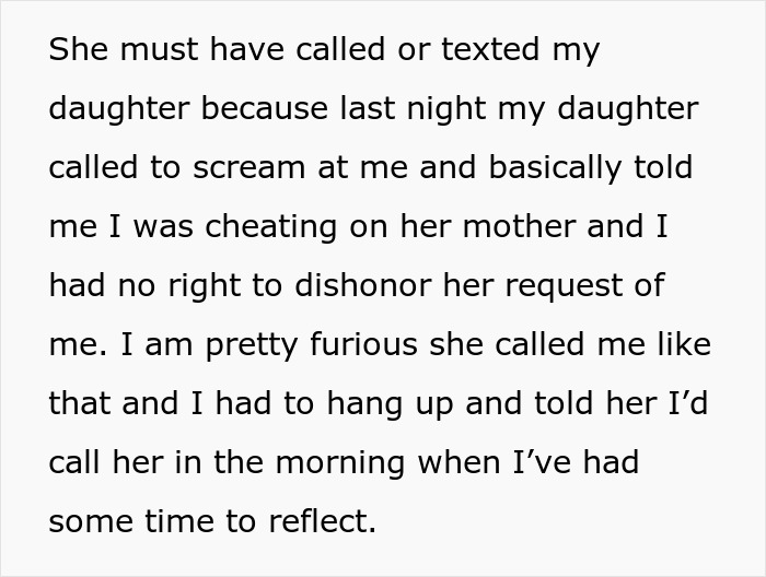 Text about daughter calling husband a cheater after wife&rsquo;s death, discussing dating and family conflict.