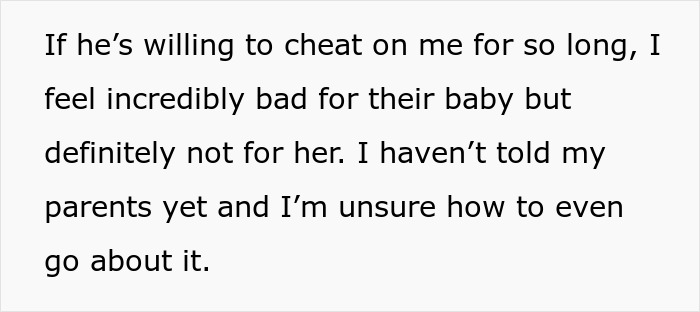 Text on a white background describing emotional conflict about a cheating partner and uncertainty about telling parents. Text on a white background describing emotional conflict about a cheating partner and uncertainty about telling parents.