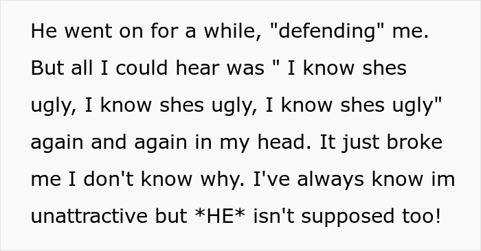 Text excerpt about a wife hearing husband admit she&rsquo;s ugly, expressing pain about being an ugly woman.
