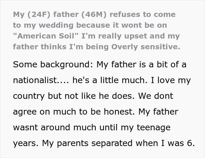 Text post about bride&rsquo;s father refusing to attend wedding because it&rsquo;s not held on American soil due to nationalism.