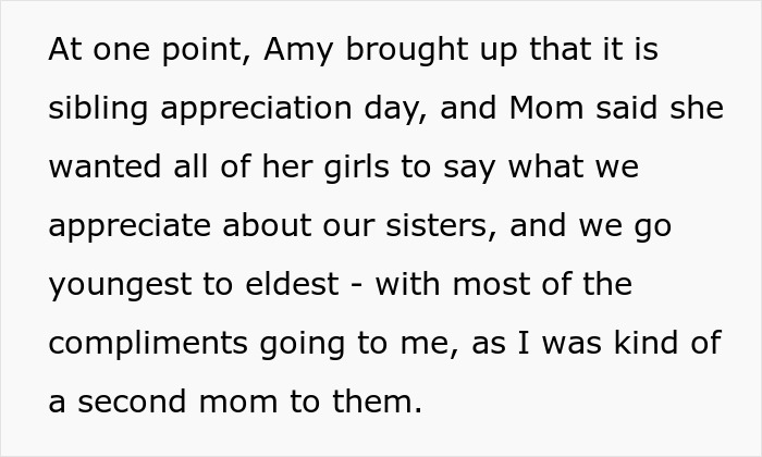 Text excerpt about sibling appreciation day where the sister is revealed dead brother lie in a family conversation.
