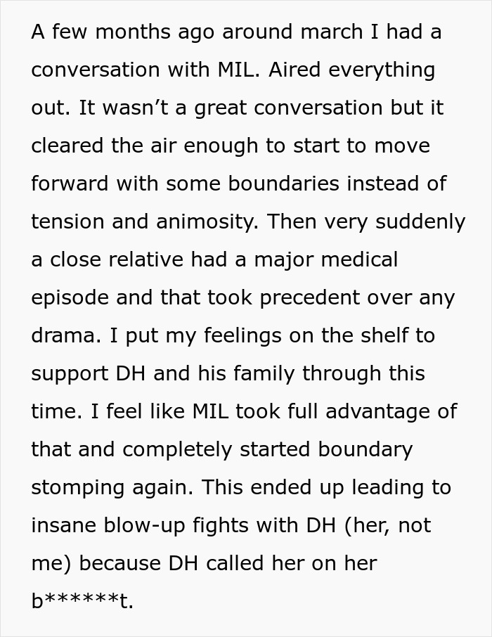 Text excerpt detailing a new mom confronting MIL about boundary stomping and unhinged behavior causing family tension.