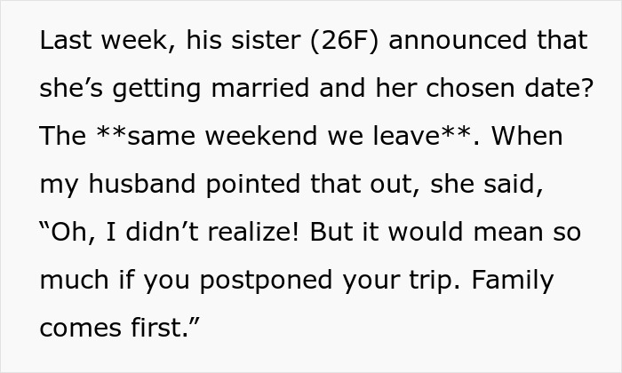 Text excerpt showing selfish SIL planning surprise wedding to ruin couple&rsquo;s honeymoon, insisting family comes first.