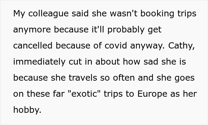 Text showing a woman embarrassing a new colleague by speaking to her in a language she claimed to know well.