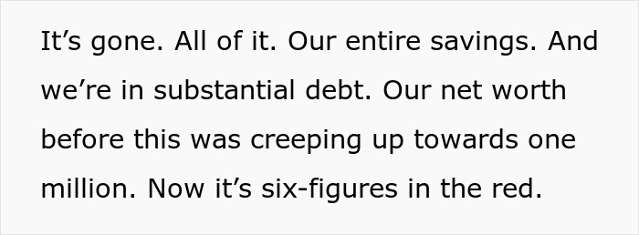 Person shocked by scam investment, revealing zero savings and facing immense debt in a financial crisis. Person shocked by scam investment, revealing zero savings and facing immense debt in a financial crisis.