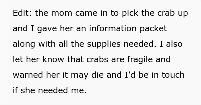 Alt text: Teacher gives kids hermit crabs as pets and provides care instructions after one of them dies, facing backlash from parent.