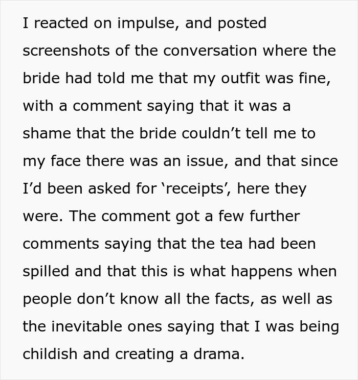 Screenshot of a woman clapping back after being shamed for her wedding guest attire, showing chat messages and receipts. Screenshot of a woman clapping back after being shamed for her wedding guest attire, showing chat messages and receipts.