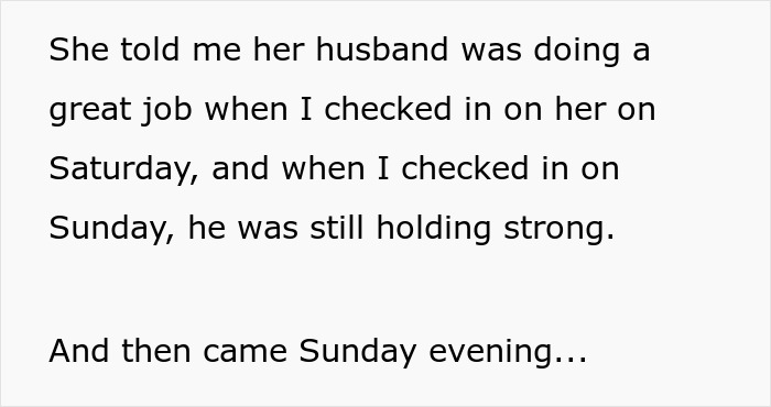 Text excerpt discussing a slacker hubby planning to skip caring for his wife after surgery, friend considers exposing him.