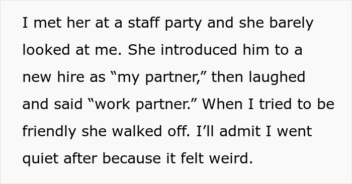 Text describing a woman at a staff party awkwardly introduced as a work wife causing confusion and upset feelings. Text describing a woman at a staff party awkwardly introduced as a work wife causing confusion and upset feelings.