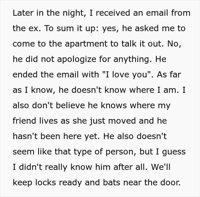 Text message describing a man announcing breakup while excluding his girlfriend of 7 years from the news.