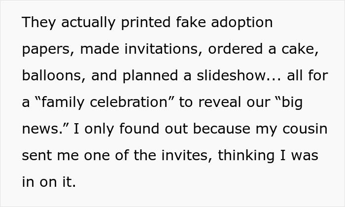 Fake adoption papers, invitations, and party preparations reveal bizarre family drama and fake adoption plans uncovered unexpectedly.