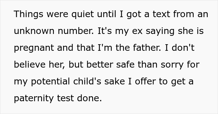 Text message describing a baby lie from an ex and the decision to get a paternity test for peace of mind.
