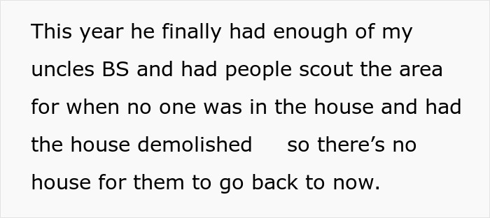 Alt text: frustrated brother arranges house demolition after uncles leave, ending their entitlement and ride on the property