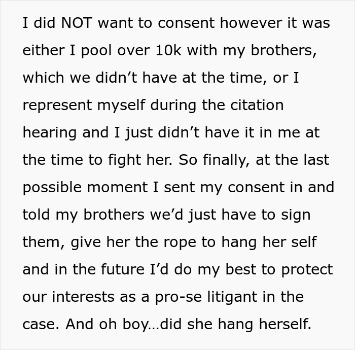 Text excerpt discussing a grieving daughter&rsquo;s legal battle and determination to drive step-monster to financial ruin.