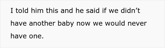 Text saying a wife plans surgery after weight loss and husband calls her selfish over postponing another child.