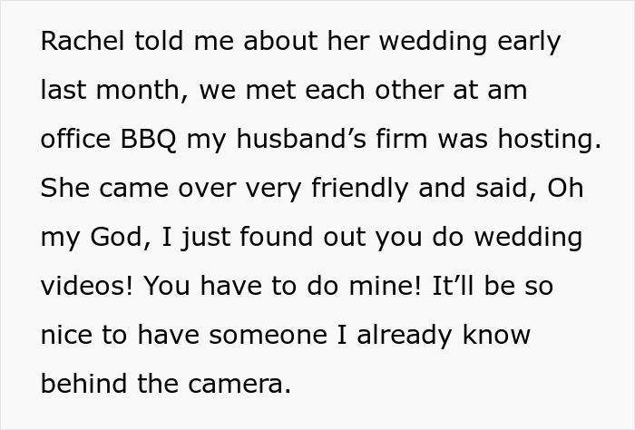 Woman refuses to film coworker&rsquo;s wedding for free and faces backlash over her decision at office event.