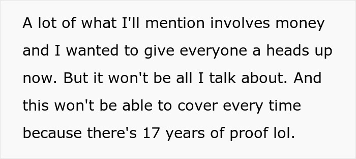 Text explaining family issues involving toxic parents favoring golden child son, with younger son refusing house help.