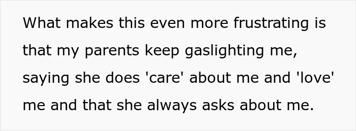 Text about frustration with parents gaslighting and pretending nothing&rsquo;s wrong amid sibling cut off and Instagram blockage.