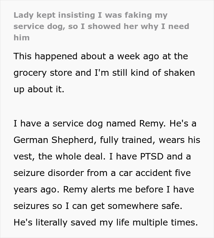 Text excerpt describing a service dog owner explaining the necessity of their fully trained service dog and addressing accusations of fraud.