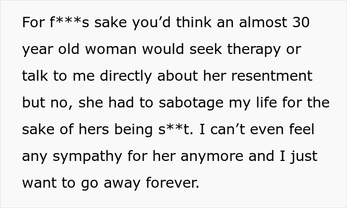 Text showing frustration about a woman’s life being ruined by her petty sister instead of seeking therapy. Text showing frustration about a woman’s life being ruined by her petty sister instead of seeking therapy.