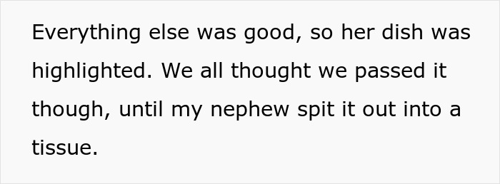 Text excerpt about a nephew spitting out a highlighted dish into a tissue during a family meal roast.