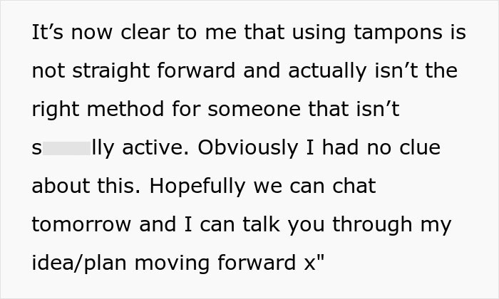 Text message discussing confusion about tampon use and planning to explain ideas moving forward on period swimming alternatives.