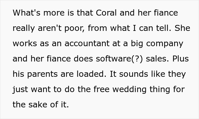 Text excerpt discussing a bride&rsquo;s plan to throw an elaborate wedding without spending money and facing a reality check.