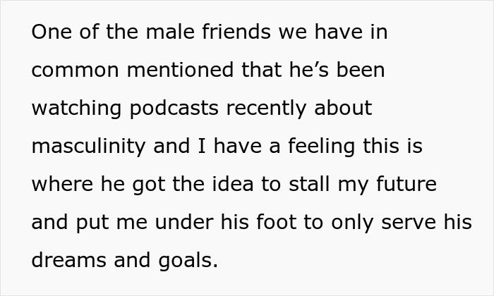 Text excerpt discussing masculinity podcasts linked to a woman called a gold digger for fair chores and relationship struggles.
