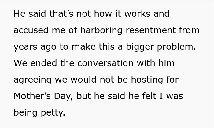 Text discussing resentment and ending a conversation about not hosting Mother's Day after a MIL no-show incident. Text discussing resentment and ending a conversation about not hosting Mother's Day after a MIL no-show incident.