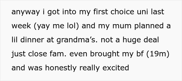 Teen loses patience as golden child cousin steals the spotlight during celebration with family dinner.