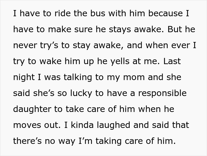 Text describing a sister&rsquo;s struggle to care for her brother with nocturnal epilepsy while ensuring he stays awake on the bus.