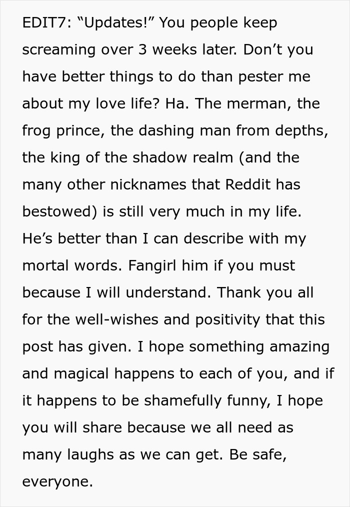 Text post expressing gratitude and updates about the lady who wrongly tries to save an elite military diver.