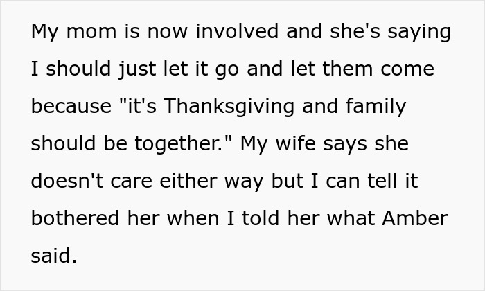 Text about family conflict during Thanksgiving over mocking wife, with a man drawing a line to protect his family.