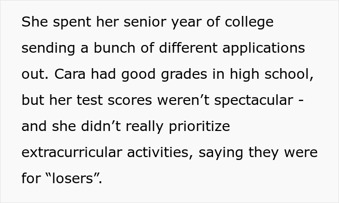 Text excerpt about a student reflecting on grades and extracurriculars after seeing sister get into college of her dreams.