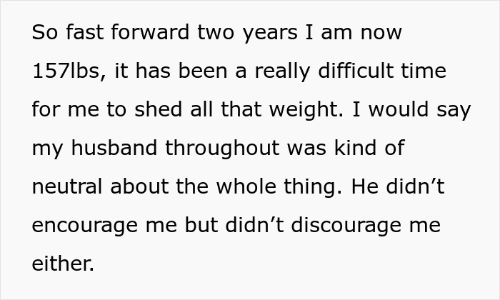 Text discussing wife's weight loss journey and husband's neutral reaction to her surgery plans and postponing another child.