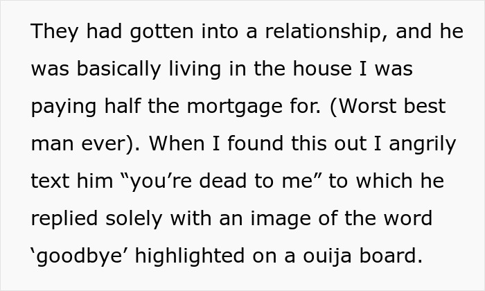 Text excerpt describing a man discovering his ex-wife&rsquo;s affair with his best man and fearing for his current girlfriend.