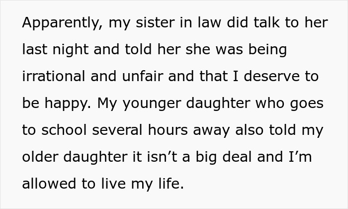 Text discussing a dying wife telling husband not to date, and daughter calling him a cheater after he does.