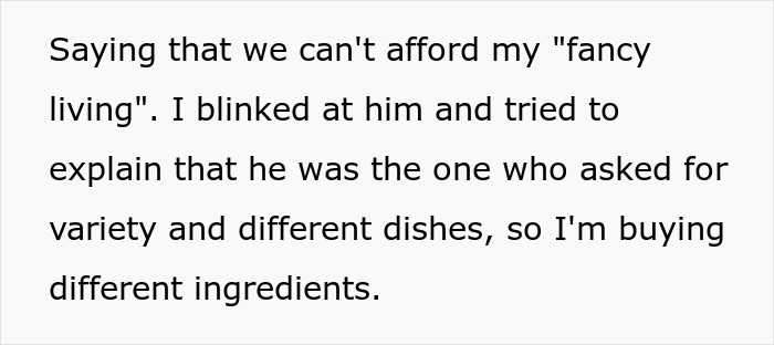 Text message conversation about husband yelling at wife for cooking the same dishes after he limited buying different ingredients.