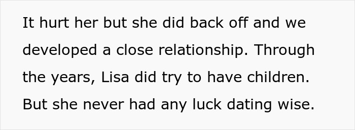 Text passage about a woman who struggled with dating and had no luck trying to have children over the years.